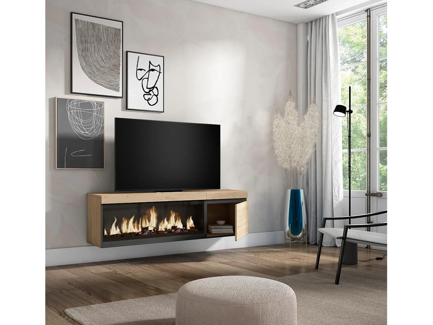 Móvel de TV, 158x35x45cm, Para televisores até 65", Lareira eléctrica XXL, Suspensos, Carvahlo^Skraut Home Discount