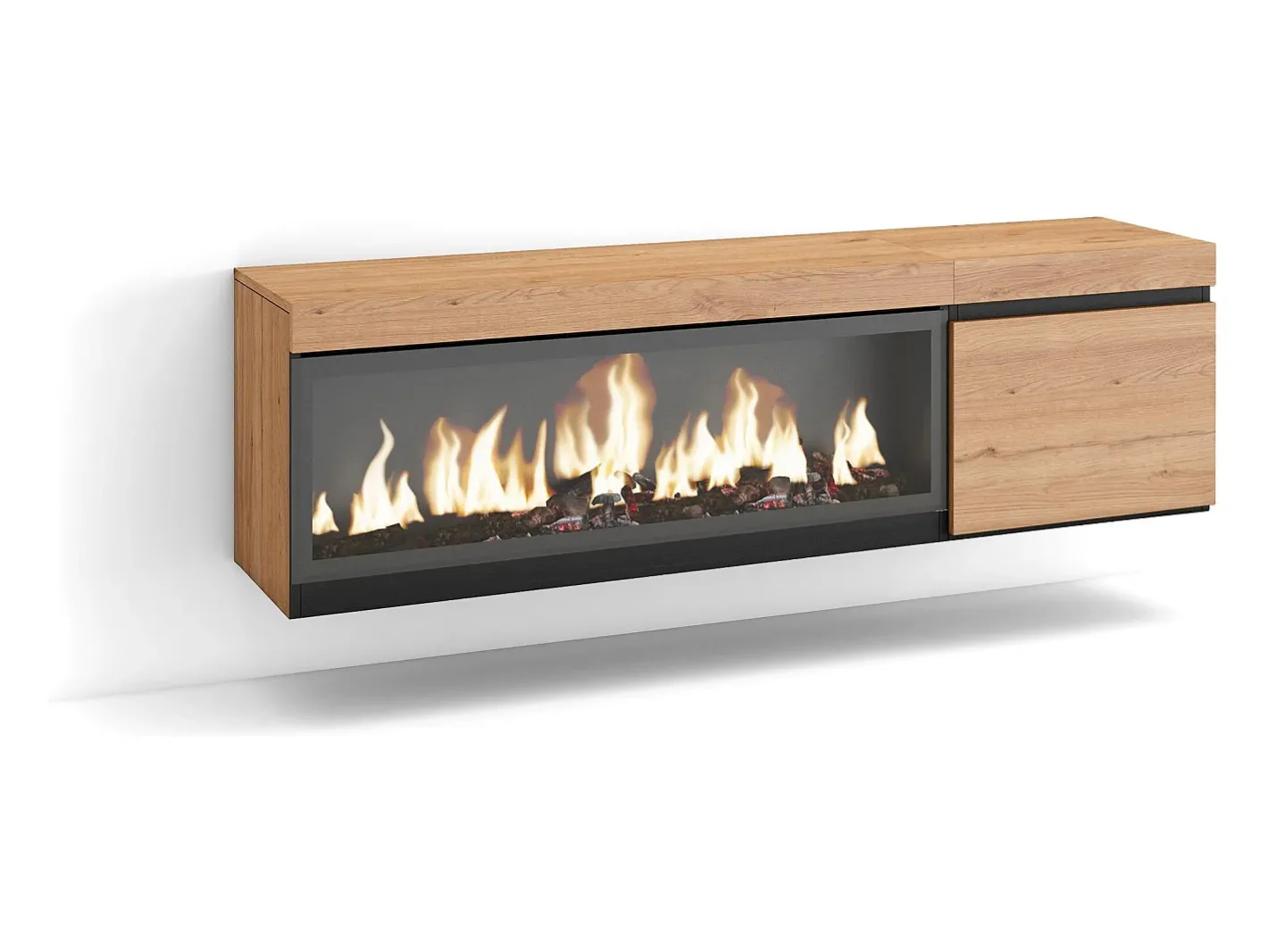 Móvel de TV, 158x35x45cm, Para televisores até 65", Lareira eléctrica XXL, Suspensos, Carvahlo^Skraut Home Discount