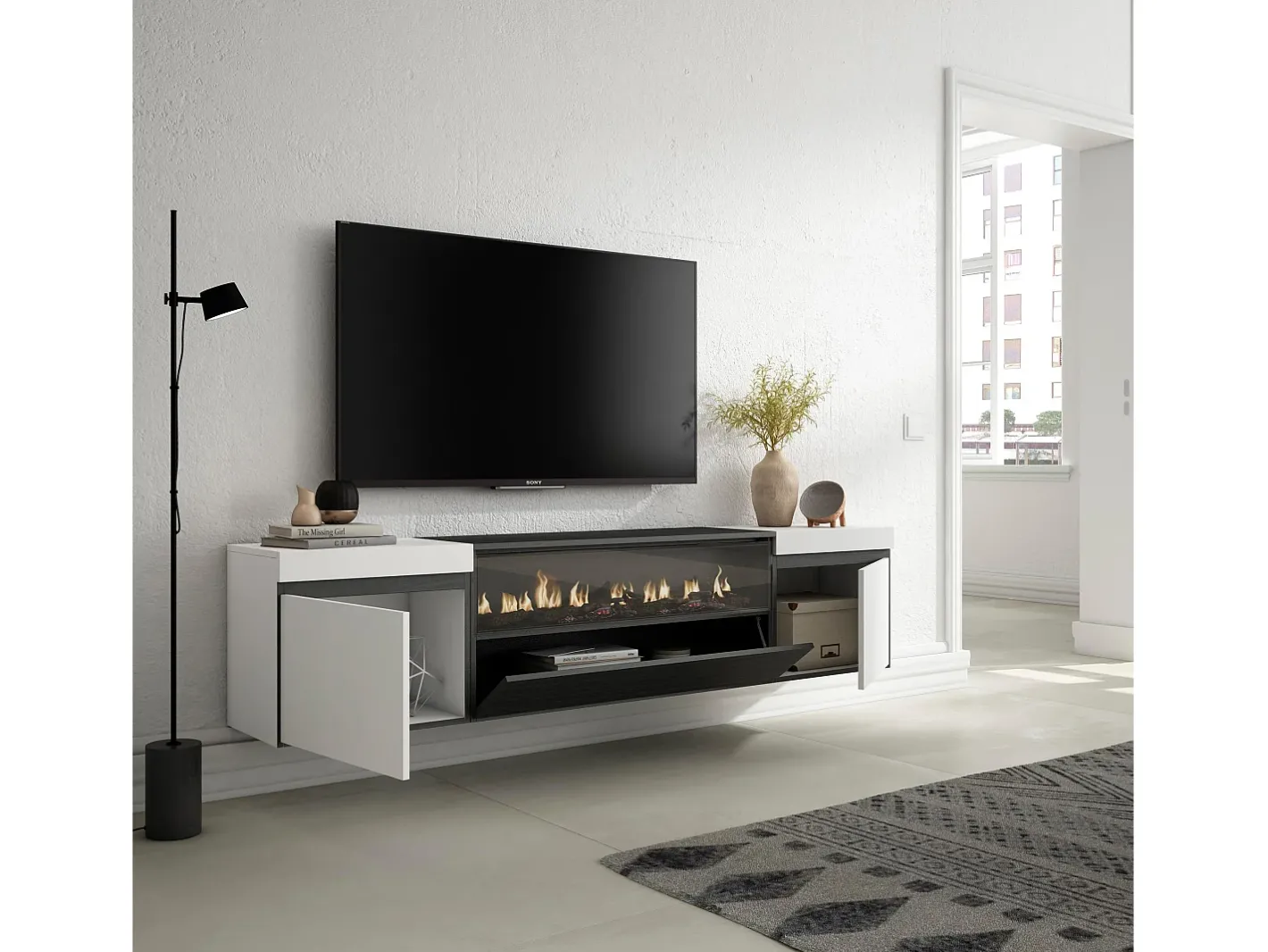 Móvel de TV, 200x45x35cm, Para televisores até 80", Lareira eléctrica, Suspensos, e preto*Skraut Home Best
