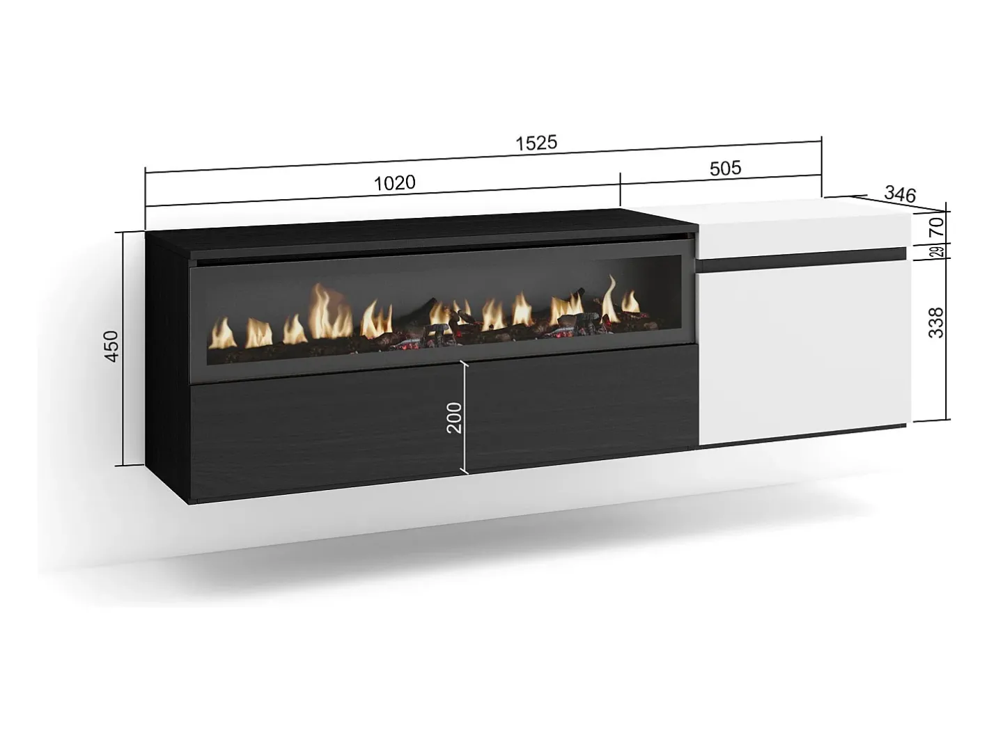 Best Móvel de TV, 150x35x45cm, Para televisores até 65", Lareira eléctrica, Suspensos, e preto Móvel De Tv