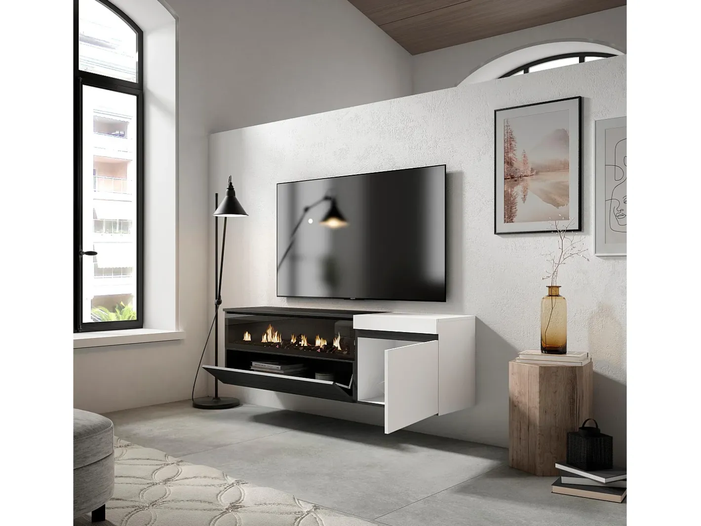 Best Móvel de TV, 150x35x45cm, Para televisores até 65", Lareira eléctrica, Suspensos, e preto Móvel De Tv