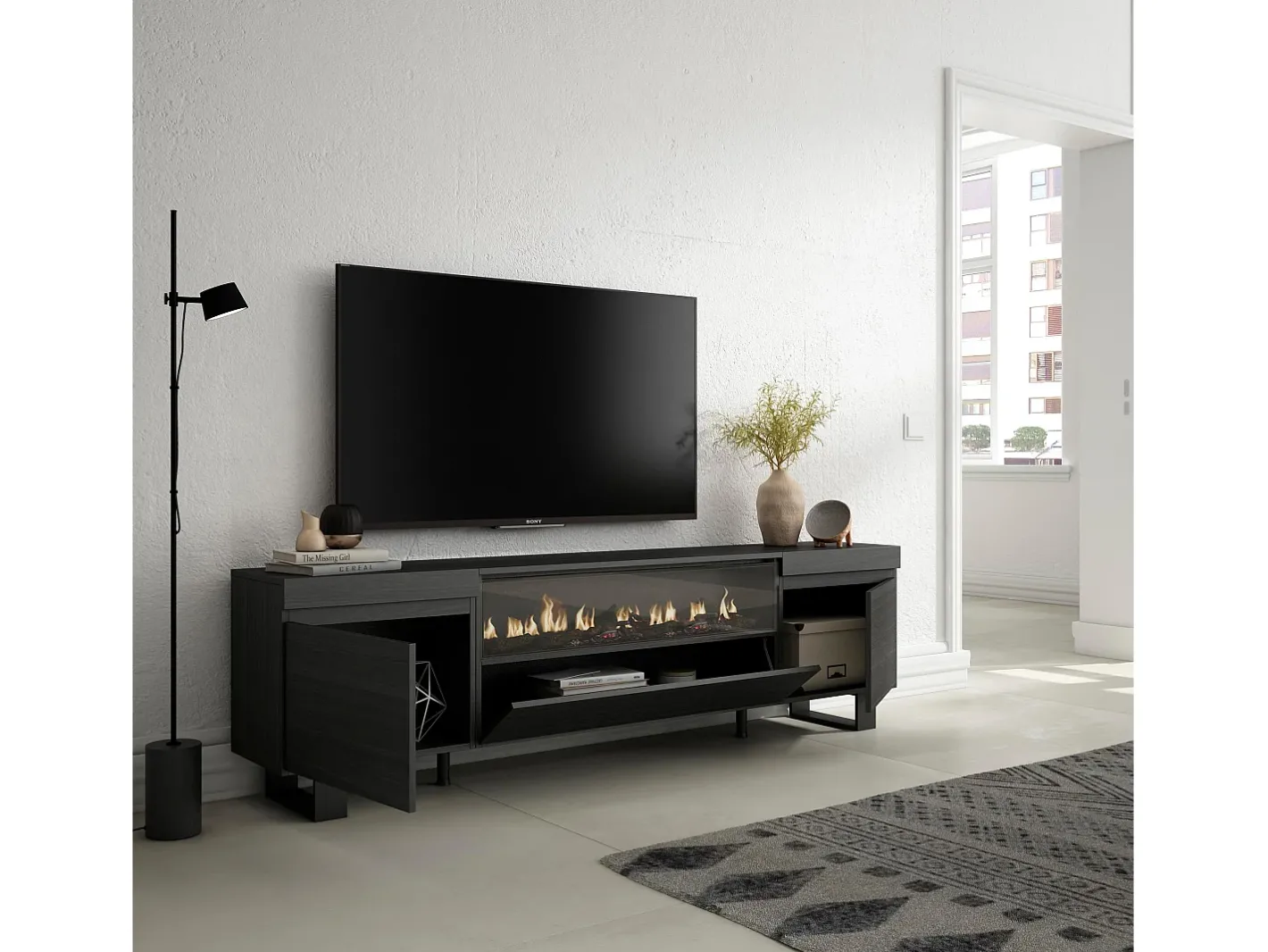 Móvel de TV, 200x35x57cm, Para televisores até 80", Lareira eléctrica, Design industrial,^Skraut Home Best