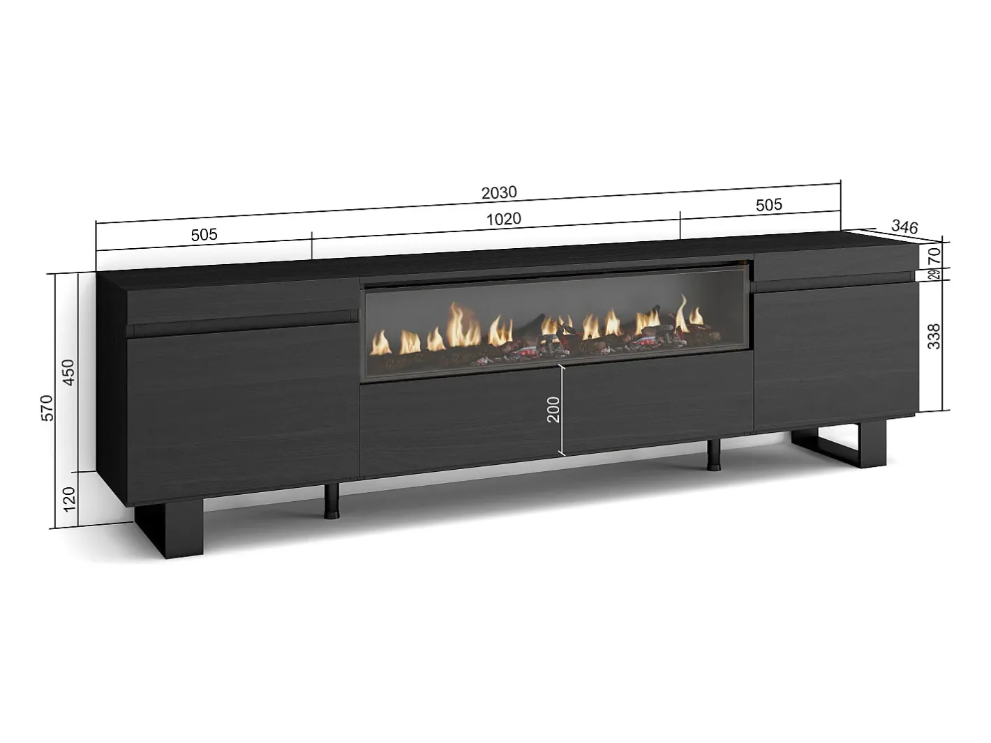 Móvel de TV, 200x35x57cm, Para televisores até 80", Lareira eléctrica, Design industrial,^Skraut Home Best