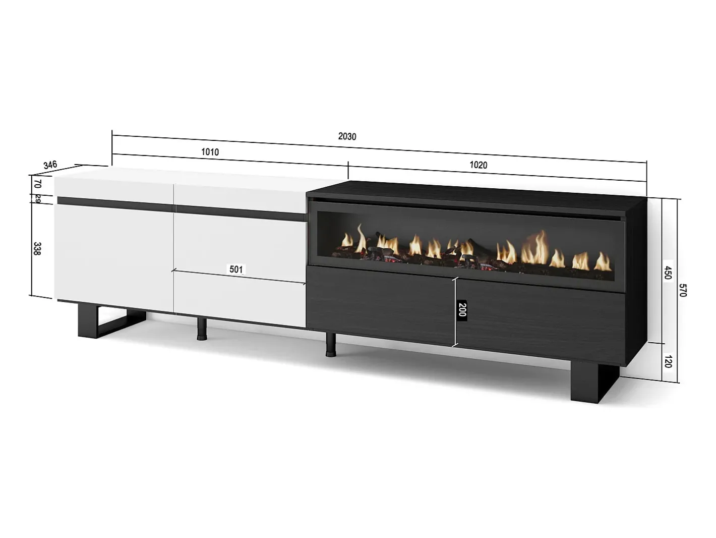 Skraut Home Móvel De Tv*Móvel de TV, 200x35x57cm, Para televisores até 80", Lareira eléctrica, Design industrial, e preto Branco