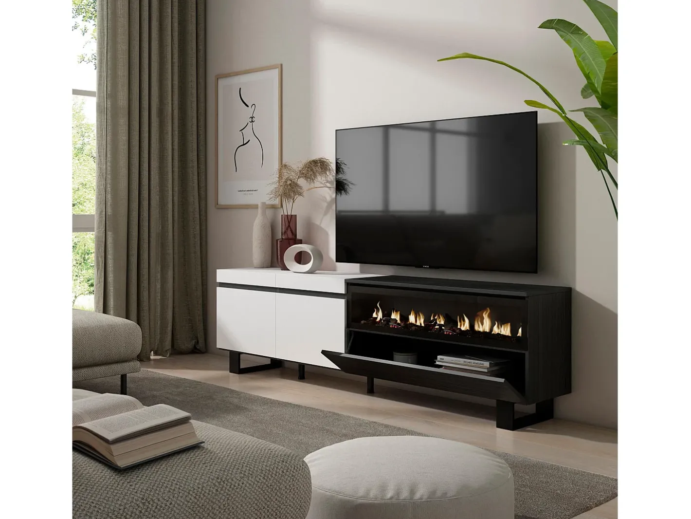Skraut Home Móvel De Tv*Móvel de TV, 200x35x57cm, Para televisores até 80", Lareira eléctrica, Design industrial, e preto Branco
