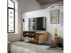 Móvel de TV, 150x35x45cm, Para televisores até 65", Lareira eléctrica, Suspensos, Carvahlo e preto*Skraut Home Sale