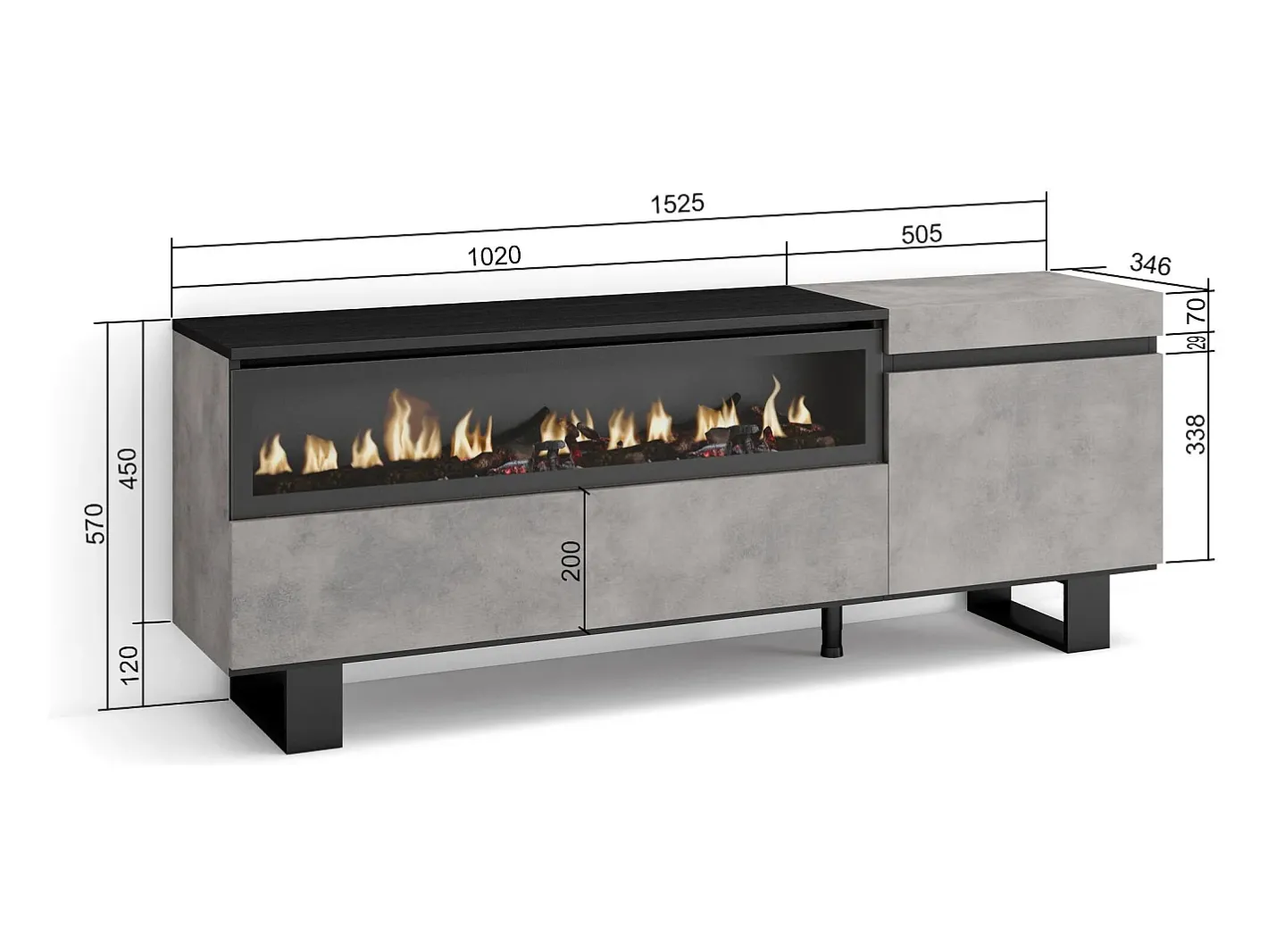 Móvel de TV, 150x35x57cm, Para televisores até 65", Lareira eléctrica, Design industrial, Cimento^Skraut Home Hot