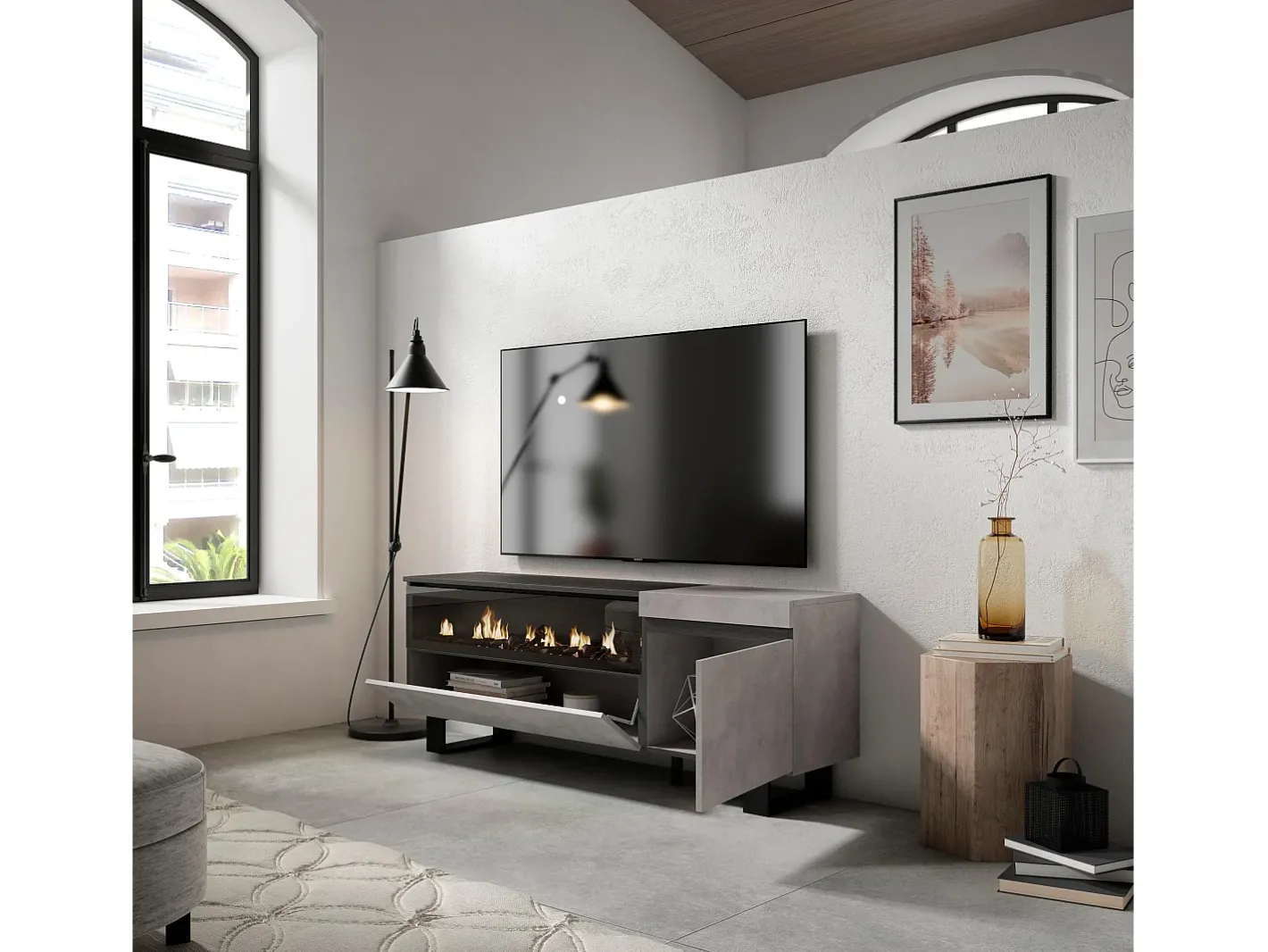 Móvel de TV, 150x35x57cm, Para televisores até 65", Lareira eléctrica, Design industrial, Cimento^Skraut Home Hot