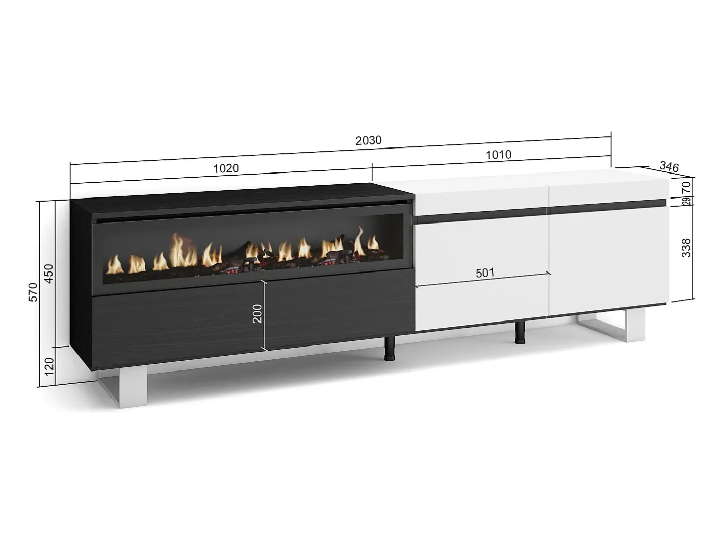 Móvel de TV, 200x35x57cm, Para televisores até 80", Lareira eléctrica, Design industrial, e preto^Skraut Home Discount