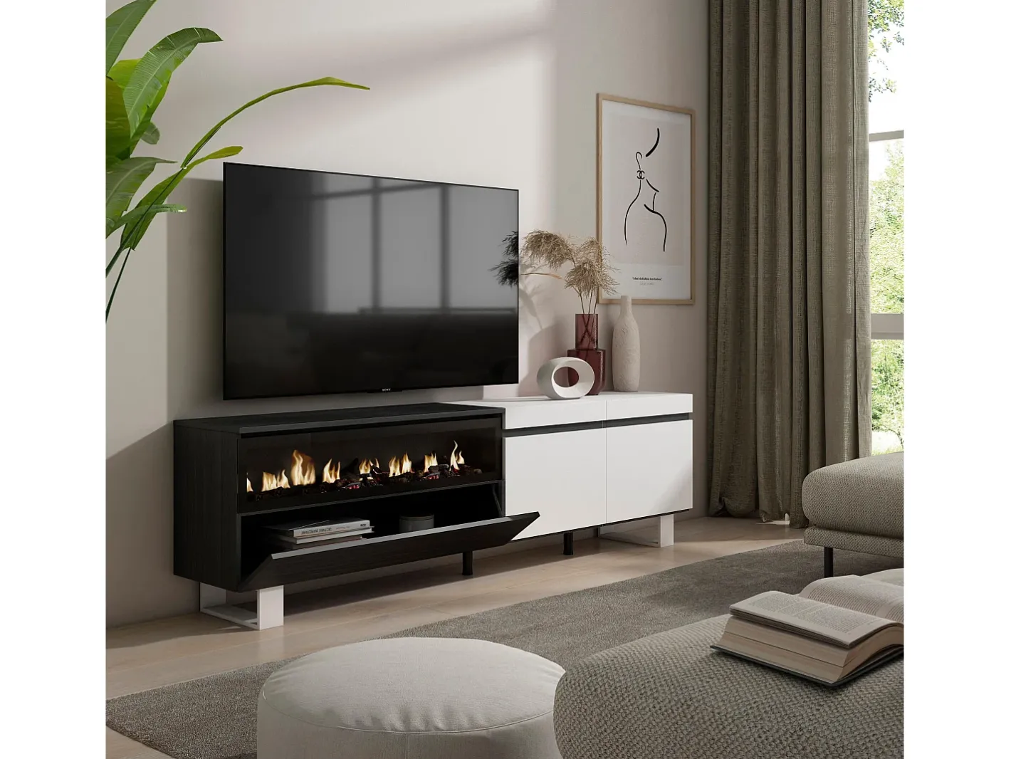 Móvel de TV, 200x35x57cm, Para televisores até 80", Lareira eléctrica, Design industrial, e preto^Skraut Home Discount