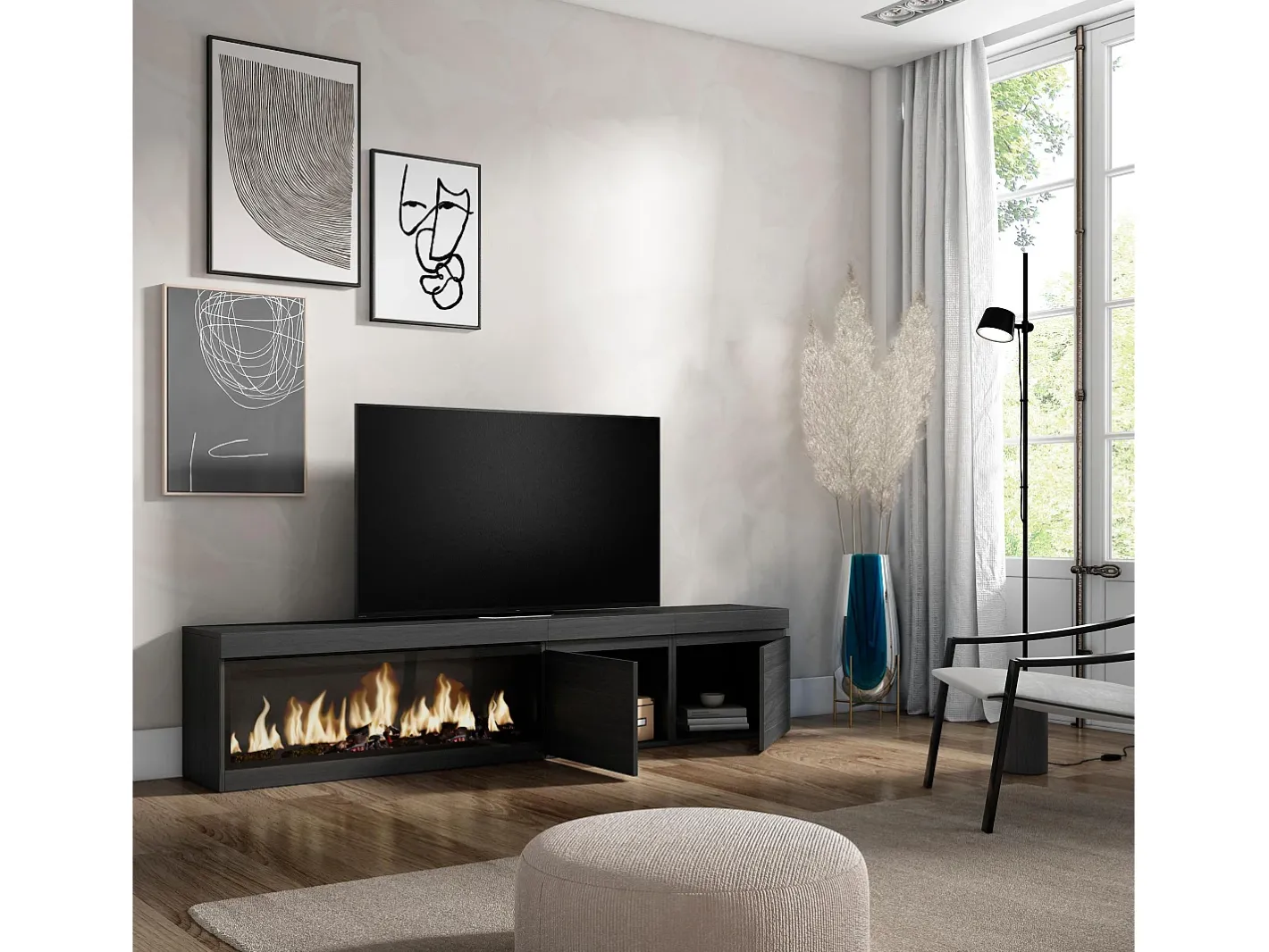 Móvel de TV, 208x35x45cm, Para televisores até 80", Lareira eléctrica XXL,^Skraut Home
