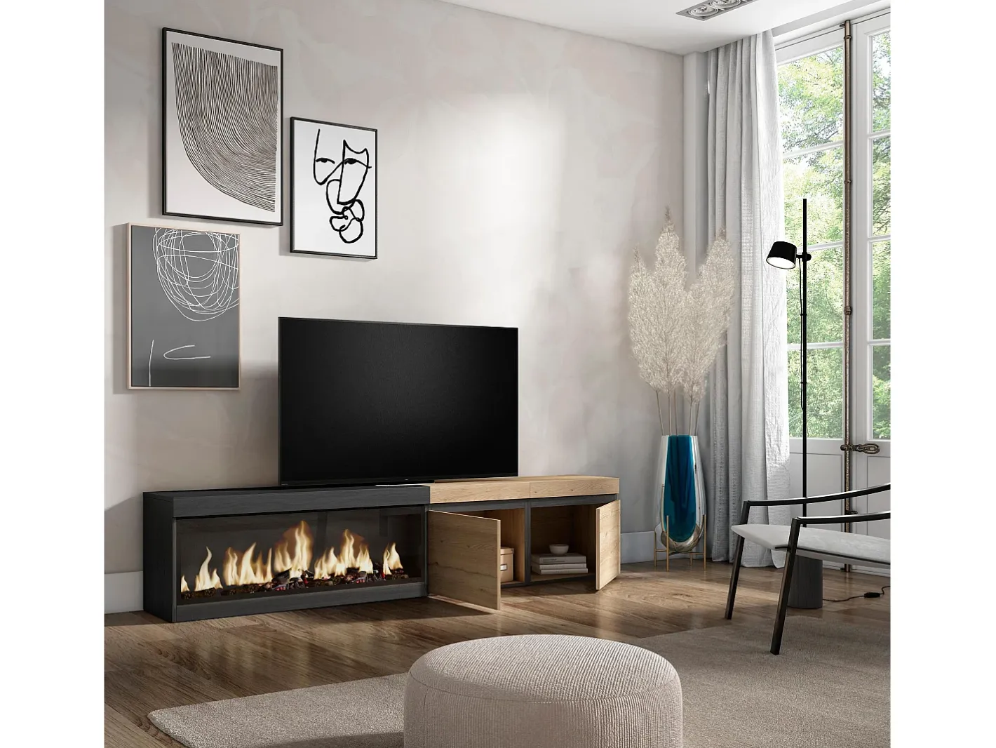 Skraut Home Móvel De Tv*Móvel de TV, 208x35x45cm, Para televisores até 80", Lareira eléctrica XXL, Carvahlo e preto Natural claro