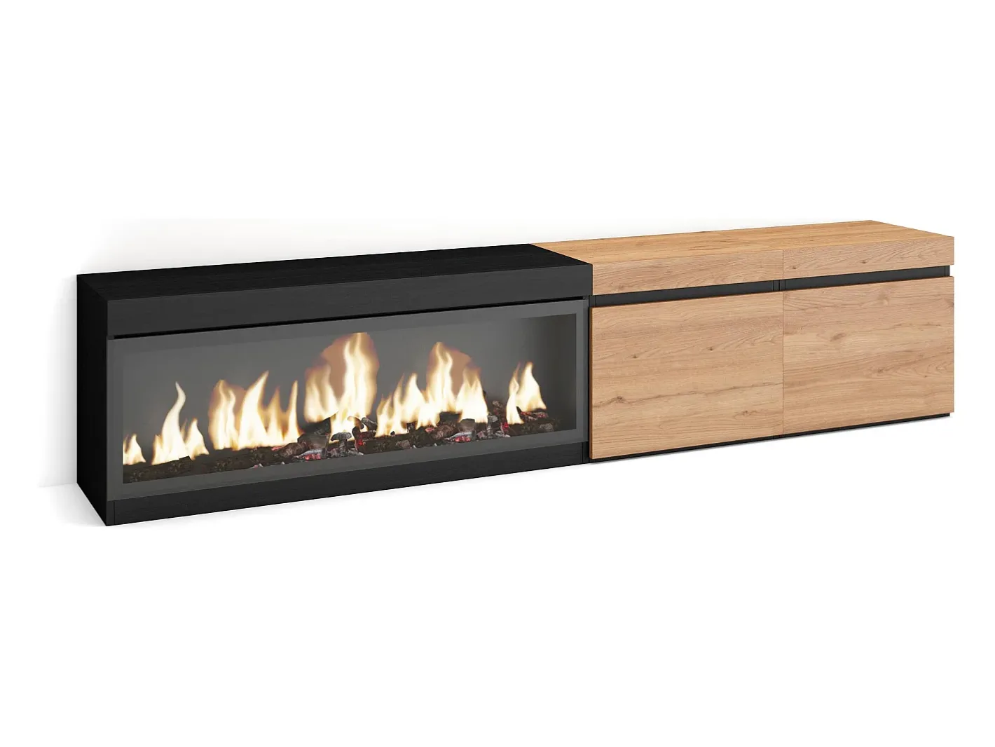 Skraut Home Móvel De Tv*Móvel de TV, 208x35x45cm, Para televisores até 80", Lareira eléctrica XXL, Carvahlo e preto Natural claro