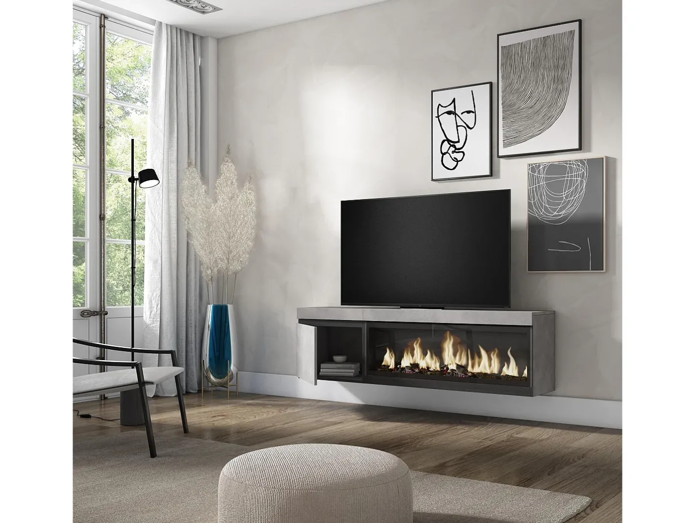 Móvel de TV, 158x35x45cm, Para televisores até 65", Lareira eléctrica XXL, Suspensos, Cimento*Skraut Home Best
