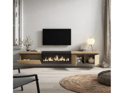 Best Móvel de TV, 288x35x45cm, TV de grande formato, Lareira eléctrica XXL, Suspensos, Carvahlo e preto Móvel De Tv
