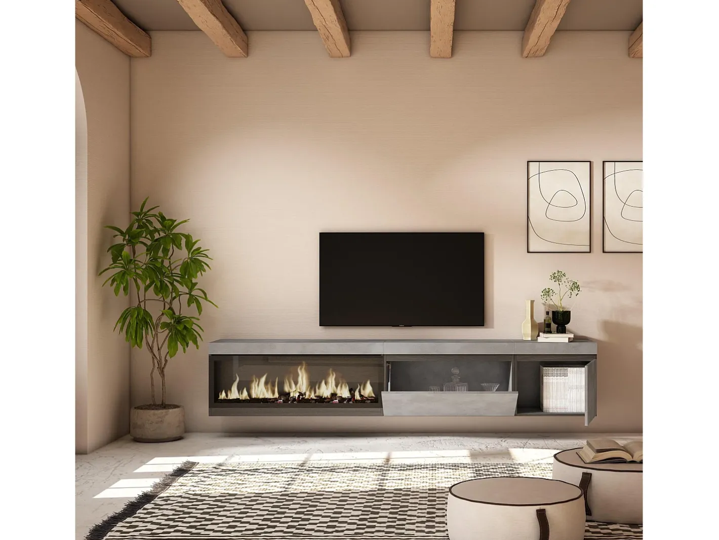 Móvel de TV, 237x35x45cm, TV de grande formato, Lareira eléctrica XXL, Suspensos, Cimento^Skraut Home Sale