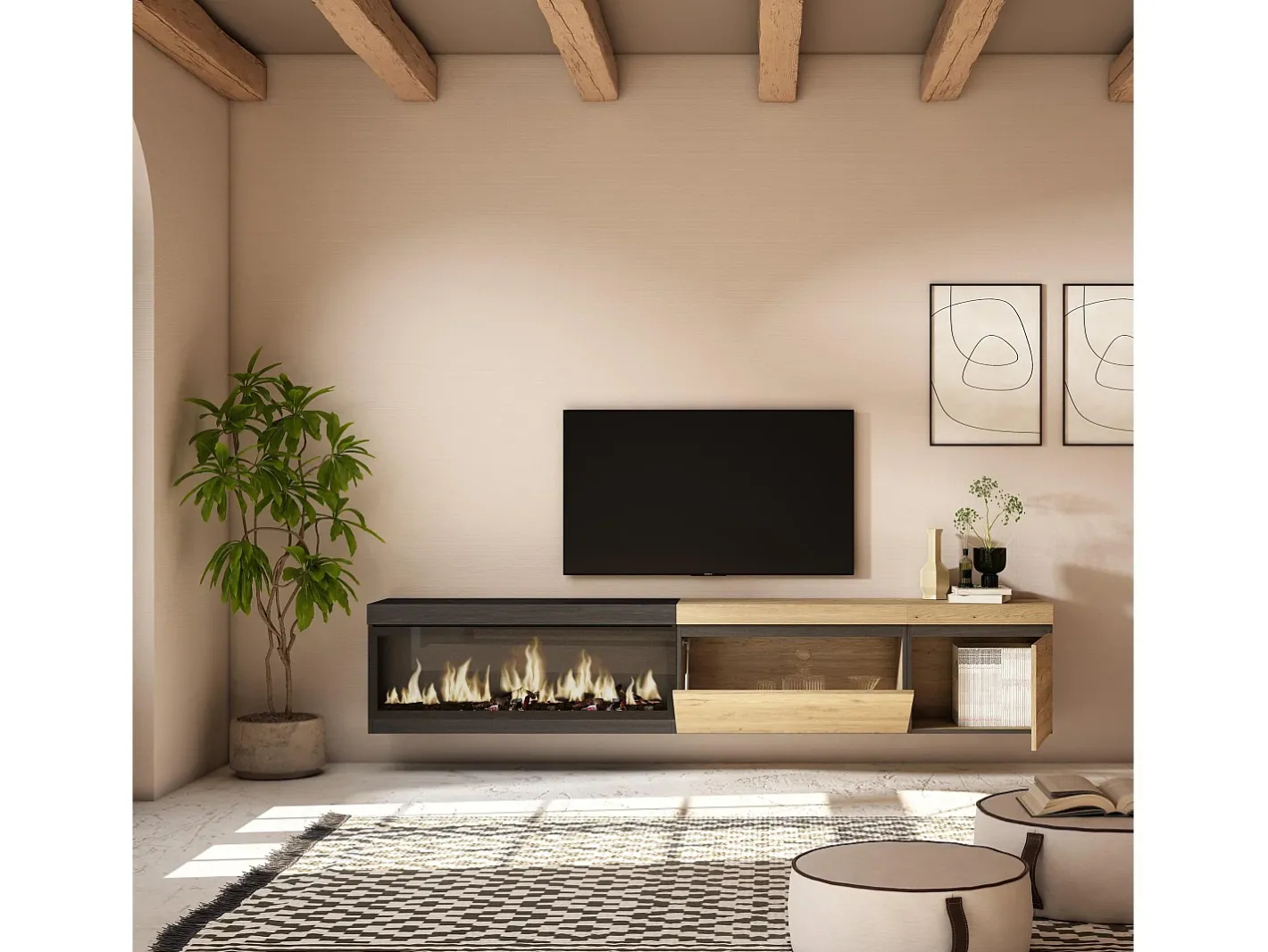 Móvel de TV, 237x35x45cm, TV de grande formato, Lareira eléctrica XXL, Suspensos, Carvahlo e preto^Skraut Home Online