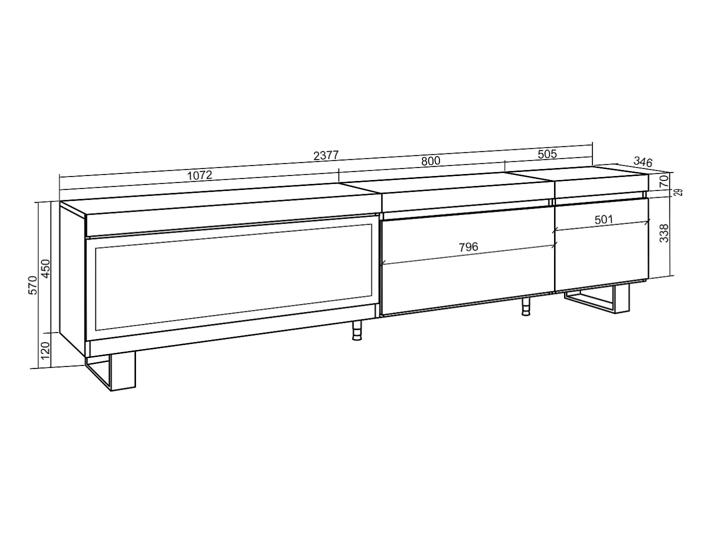 Móvel de TV, 237x35x57cm, TV de grande formato, Lareira eléctrica XXL, Design industrial, Cimento*Skraut Home Best