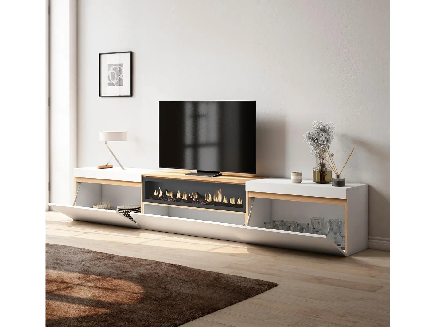 Móvel de TV, 260x35x45cm, TV de grande formato, Lareira eléctrica, e Carvalho soft*Skraut Home New