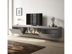 Skraut Home Móvel De Tv*Móvel de TV, 267x35x45cm, TV de grande formato, Lareira eléctrica XXL, Suspensos, Cimento Cinzento