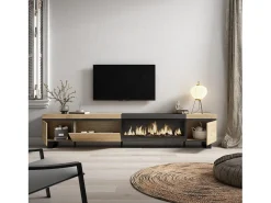 Móvel de TV, 288x35x57cm, TV de grande formato, Lareira eléctrica XXL, Design industrial, Carvahlo e preto*Skraut Home Online