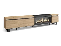 Móvel de TV, 288x35x57cm, TV de grande formato, Lareira eléctrica XXL, Design industrial, Carvahlo e preto*Skraut Home Online