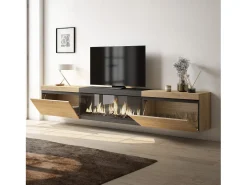 Skraut Home Móvel De Tv*Móvel de TV, 267x35x45cm, TV de grande formato, Lareira eléctrica XXL, Suspensos, Carvahlo e preto Multicor