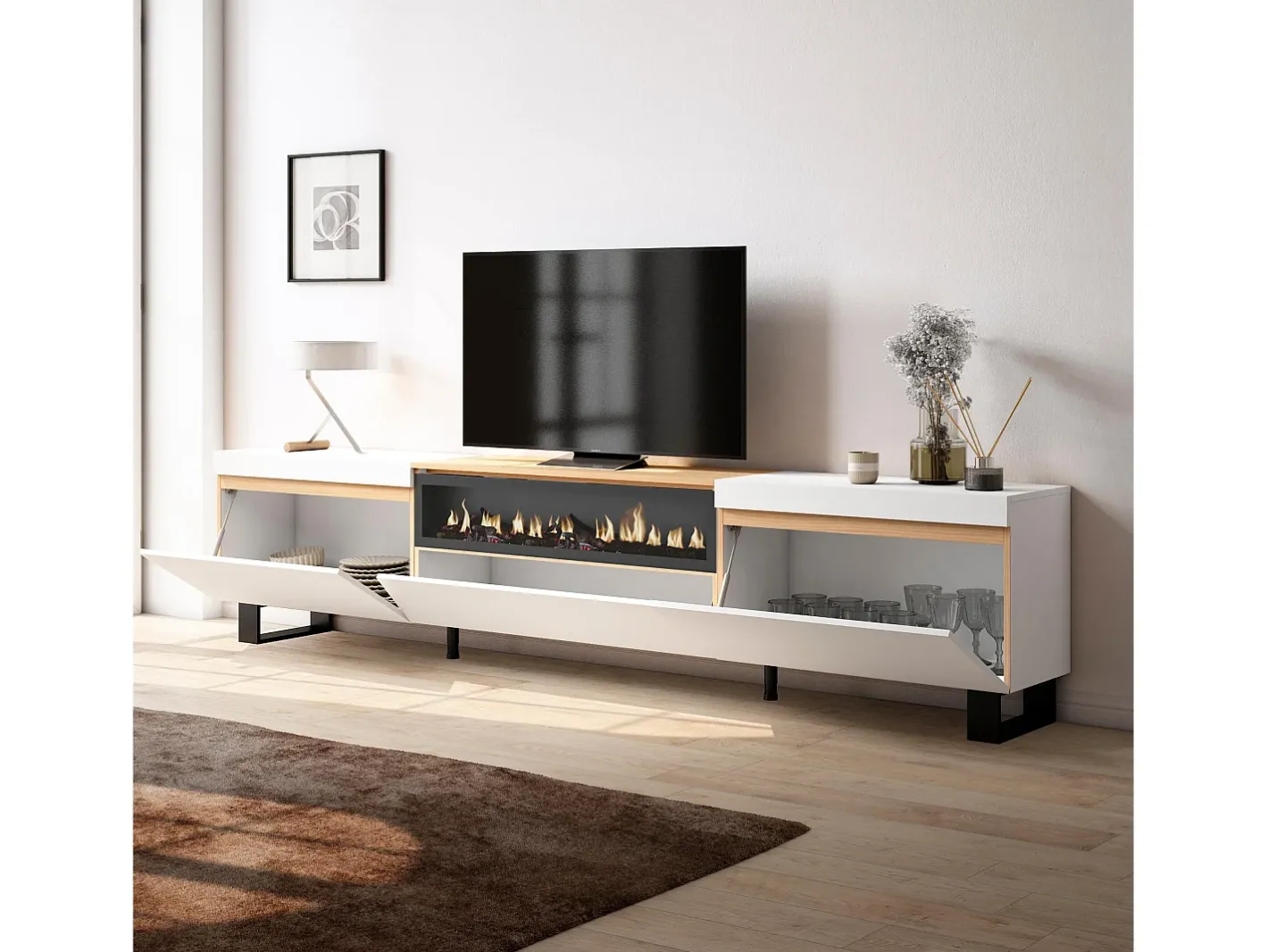 Best Móvel de TV, 260x35x57cm, TV de grande formato, Lareira eléctrica, Design industrial, e Carvalho soft Móvel De Tv