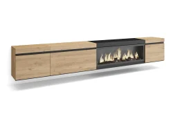 Móvel de TV, 288x35x45cm, TV de grande formato, Lareira eléctrica XXL, Suspensos, Carvahlo e preto^Skraut Home Best