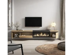 Móvel de TV, 288x35x45cm, TV de grande formato, Lareira eléctrica XXL, Suspensos, Carvahlo e preto^Skraut Home Best