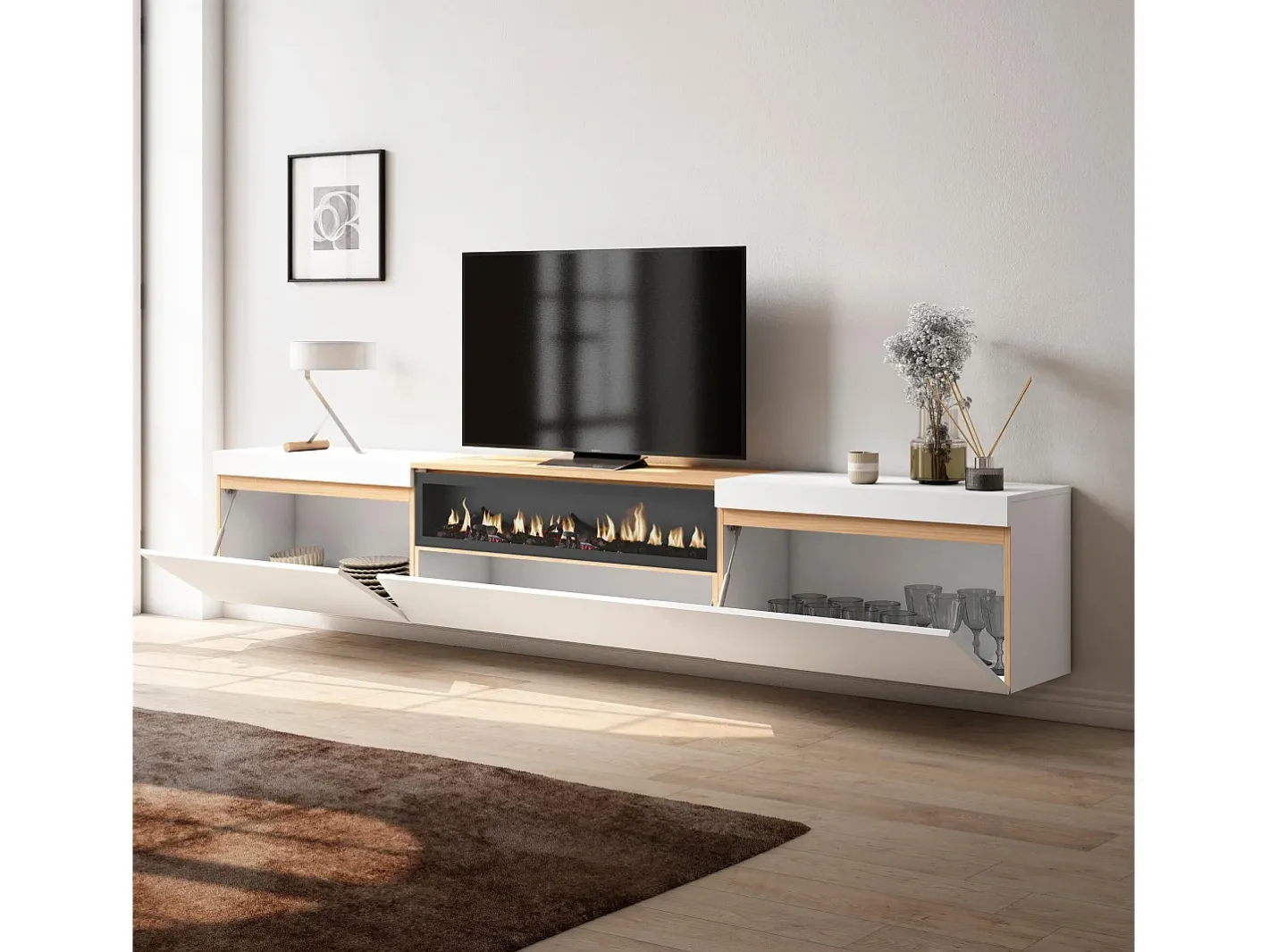 Móvel de TV, 260x35x45cm, TV de grande formato, Lareira eléctrica, Suspensos, e Carvalho soft*Skraut Home Discount
