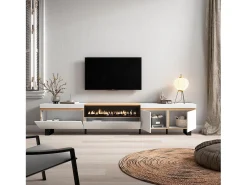 Skraut Home Móvel De Tv*Móvel de TV, 288x35x57cm, TV de grande formato, Lareira eléctrica, Design industrial, e Carvalho soft Branco
