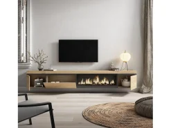 Skraut Home Móvel De Tv*Móvel de TV, 288x35x45cm, TV de grande formato, Lareira eléctrica XXL, Suspensos, Carvalho Natural claro