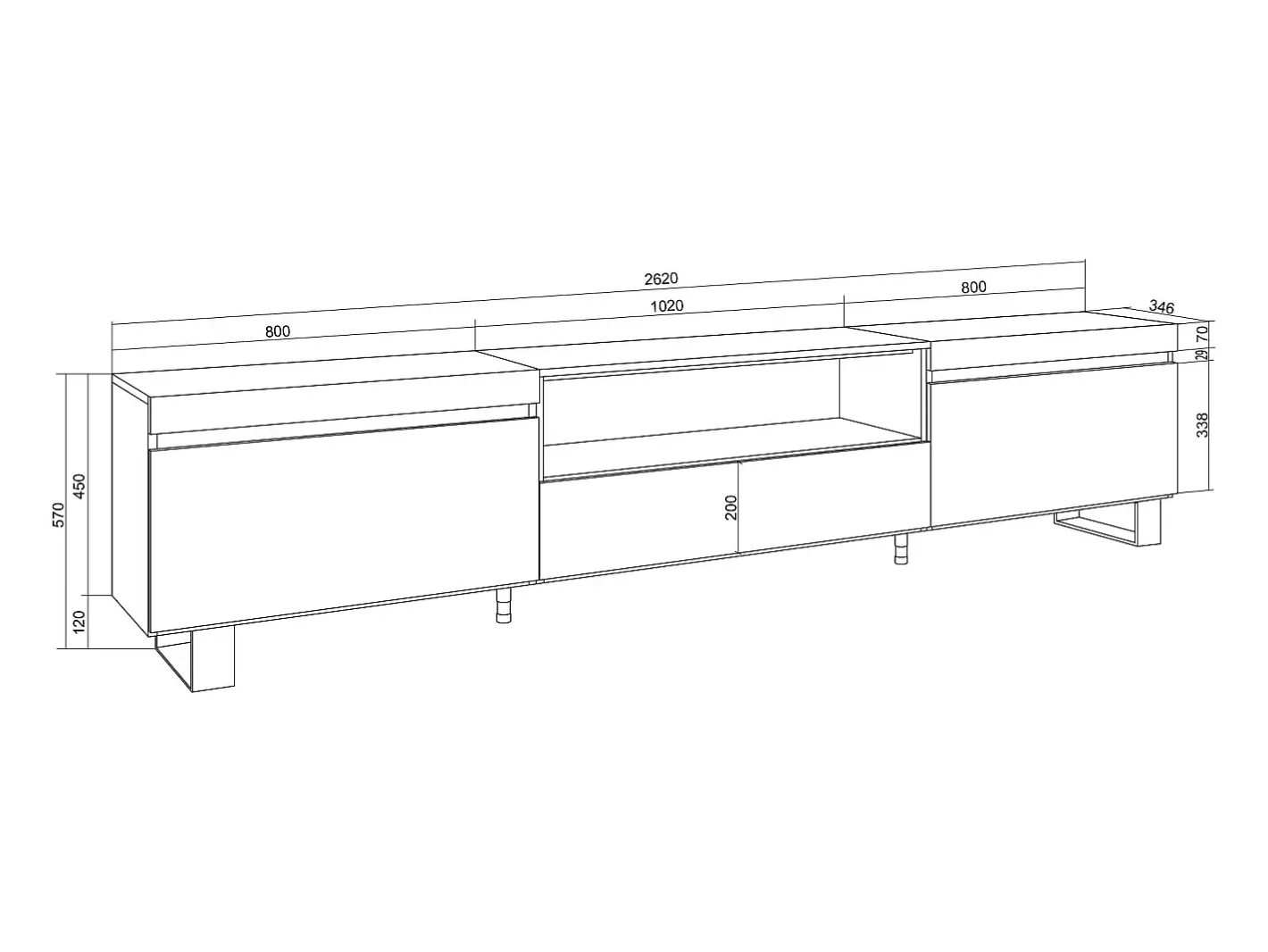 Skraut Home Móvel De Tv*Móvel de TV, 260x35x57cm, TV de grande formato, Design industrial, e Carvalho soft Branco