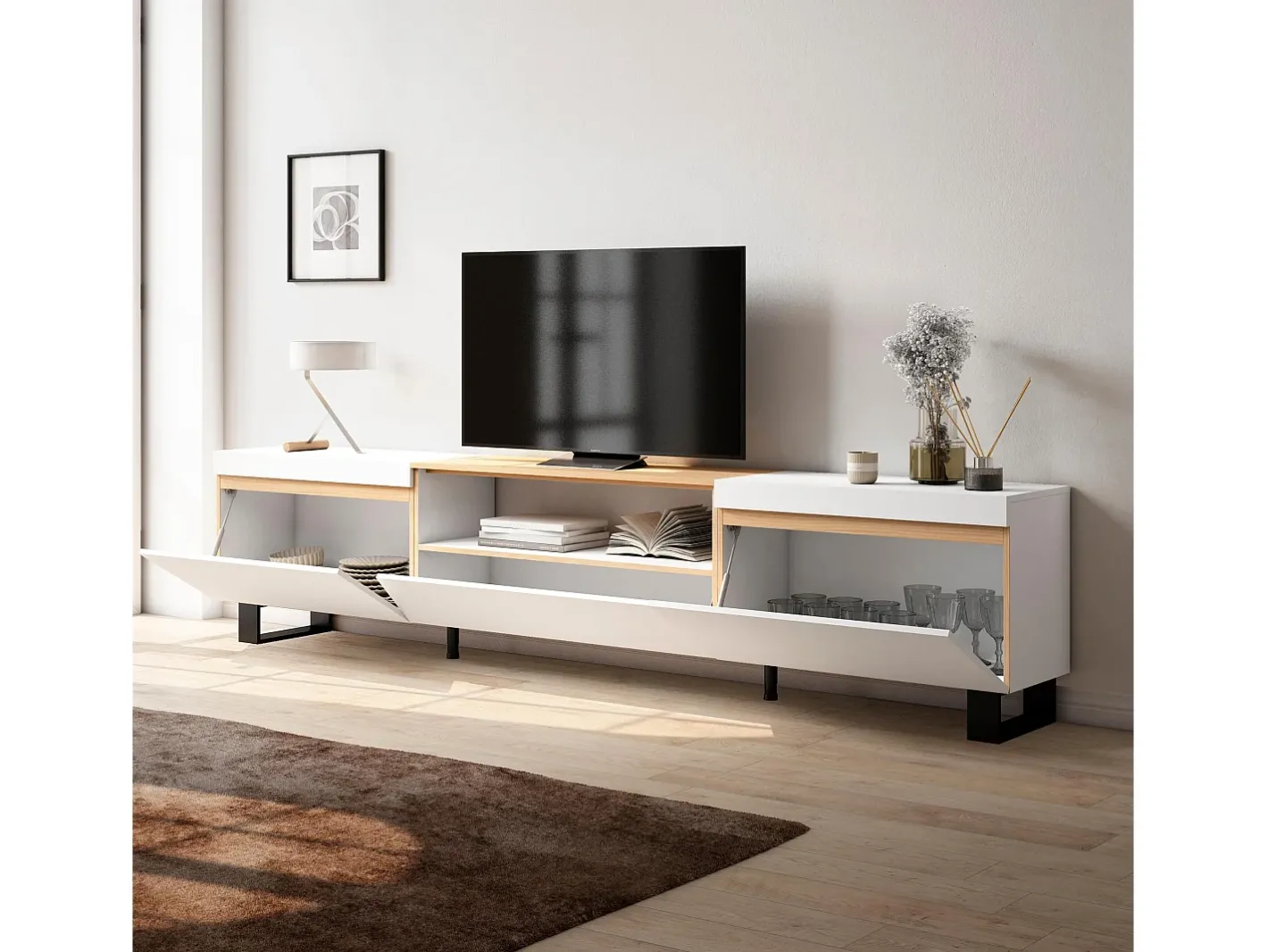 Skraut Home Móvel De Tv*Móvel de TV, 260x35x57cm, TV de grande formato, Design industrial, e Carvalho soft Branco