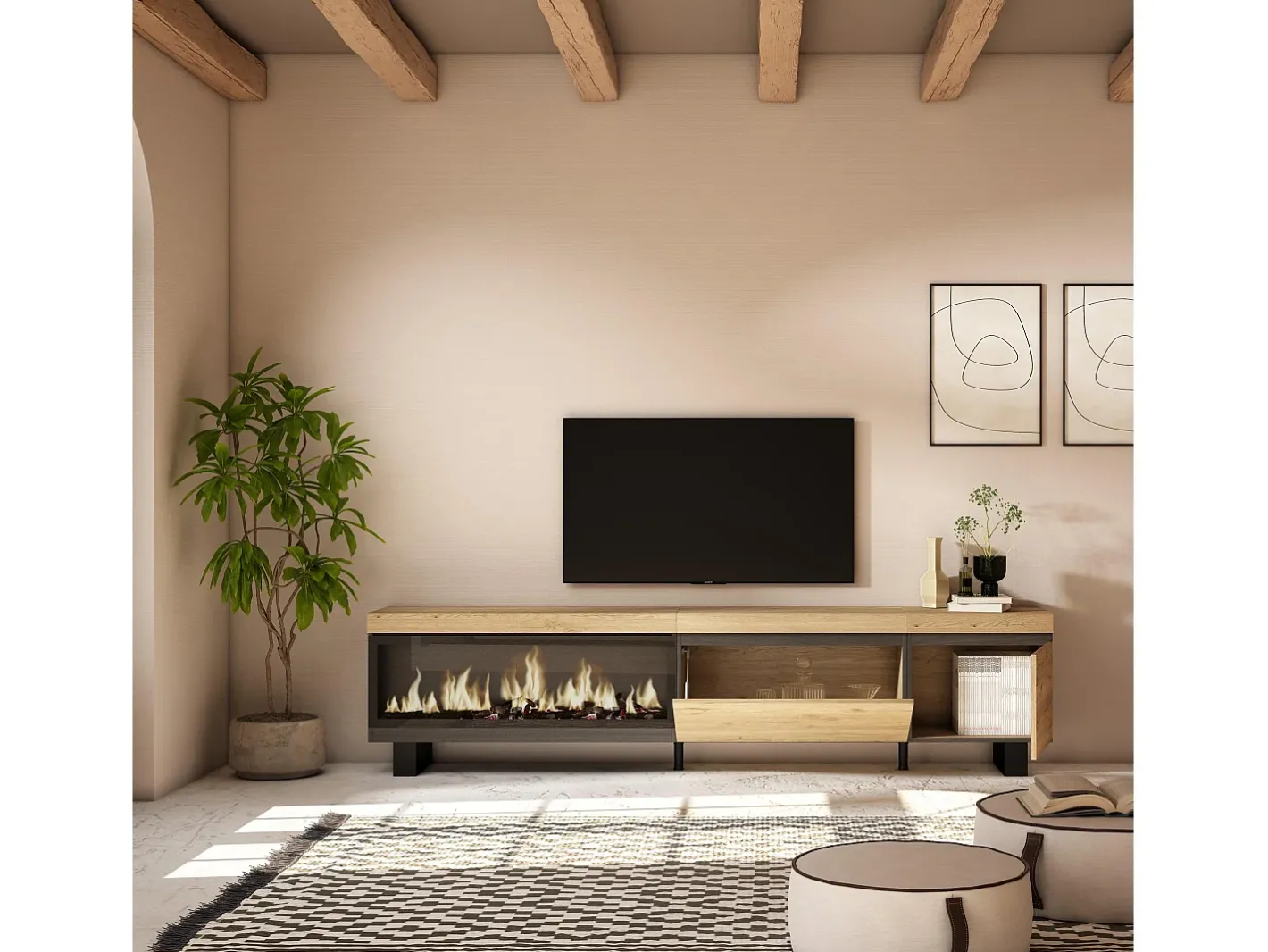 Móvel de TV, 237x35x57cm, TV de grande formato, Lareira eléctrica XXL, Design industrial, Carvalho^Skraut Home