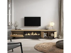 Skraut Home Móvel De Tv*Móvel de TV, 288x35x57cm, TV de grande formato, Lareira eléctrica XXL, Design industrial, Carvalho Natural claro