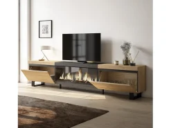 Móvel de TV, 267x35x57cm, TV de grande formato, Lareira eléctrica XXL, Design industrial, Carvahlo e preto Móvel De Tv