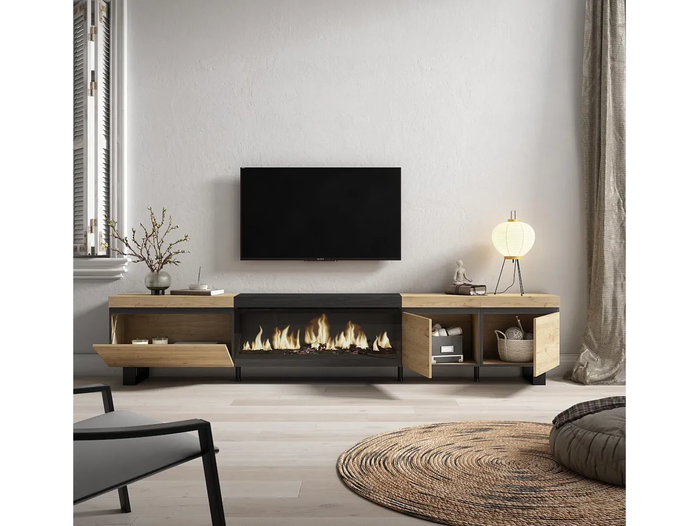 Sale Móvel de TV, 288x35x57cm, TV de grande formato, Lareira eléctrica XXL, Design industrial, Carvahlo e preto Móvel De Tv