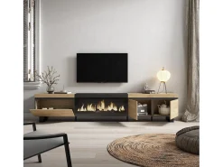 Sale Móvel de TV, 288x35x57cm, TV de grande formato, Lareira eléctrica XXL, Design industrial, Carvahlo e preto Móvel De Tv