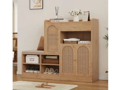 Móvel para sapatos multifuncional 142x35x110cm - con um assento acolchoado - con 3 portas de rattan e 1 gaveta - Natural^ModernLuxe Sale