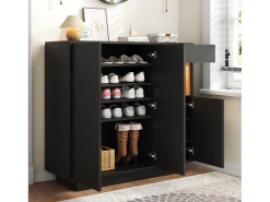 Móvel para sapatos 105x39.5x100.5 cm - 1 gaveta e 3 portas - com iluminação LED - com prateleiras ajustáveis - e natural*ModernLuxe Best