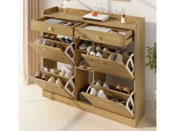 Móvel para sapatos 110x26x100 cm - 4 portas basculantes, 2 gavetas e 3 prateleiras abertas - Painéis de partículas - Natural^ModernLuxe Hot