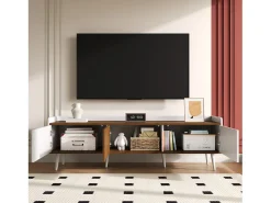 Online Móvel para TV 160×39×49,5 cm - 3 portas - Acabamento madeirado - MDF + Painel de partículas - Branco + Natural Móvel De Tv