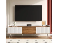Online Móvel para TV 160×39×49,5 cm - 3 portas - Acabamento madeirado - MDF + Painel de partículas - Branco + Natural Móvel De Tv