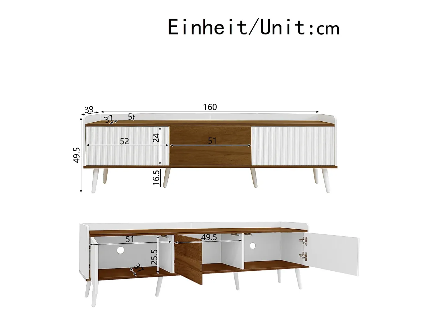 Online Móvel para TV 160×39×49,5 cm - 3 portas - Acabamento madeirado - MDF + Painel de partículas - Branco + Natural Móvel De Tv