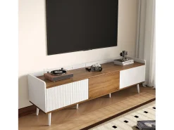 Online Móvel para TV 160×39×49,5 cm - 3 portas - Acabamento madeirado - MDF + Painel de partículas - Branco + Natural Móvel De Tv