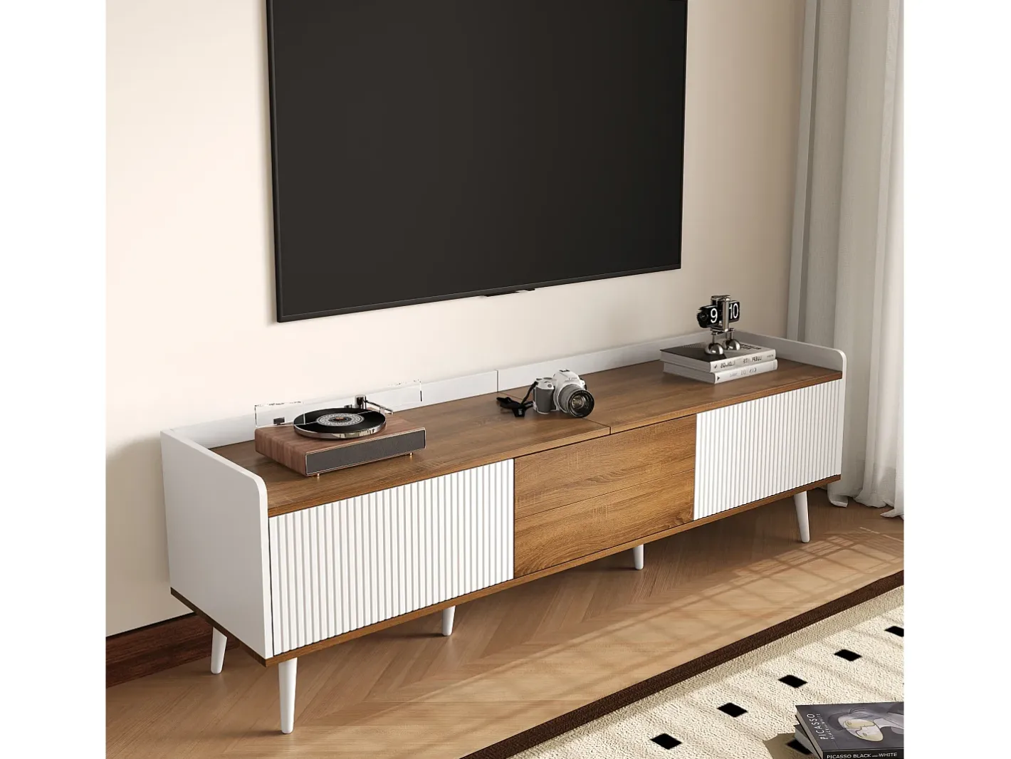 Online Móvel para TV 160×39×49,5 cm - 3 portas - Acabamento madeirado - MDF + Painel de partículas - Branco + Natural Móvel De Tv
