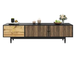 Móvel para TV 180×38×50 cm - 2 portas e 3 gavetas - MDF + painel de partículas - Preto + Natural*ModernLuxe Outlet