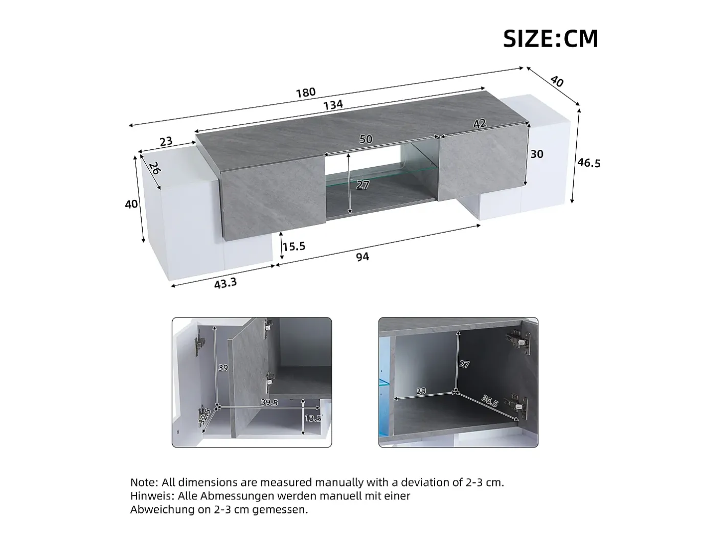 Móvel para TV - com 4 portas - com iluminação LED - para televisores 80/75/70/65/55 polegadas - branco + cinza*ModernLuxe Best